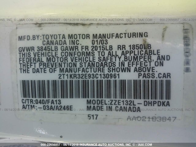 2T1KR32E93C130961 - 2003 TOYOTA COROLLA MATRIX XR WHITE photo 9