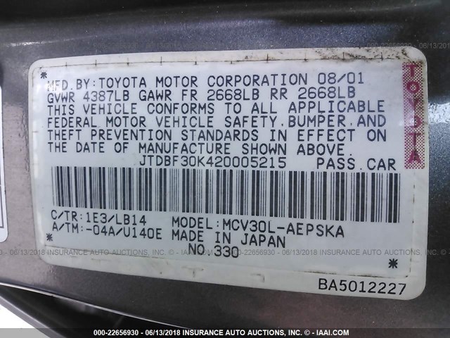 JTDBF30K420005215 - 2002 TOYOTA CAMRY LE/XLE/SE 灰色 照片 9