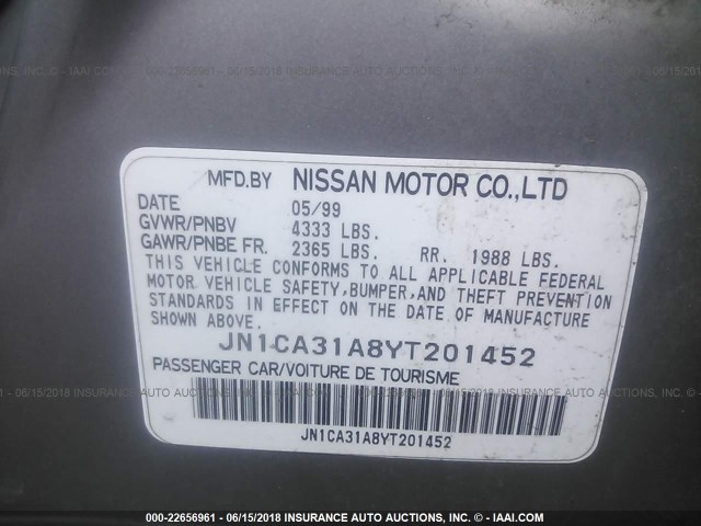 JN1CA31A8YT201452 - 2000 NISSAN MAXIMA GLE/GXE/SE BEIGE photo 9