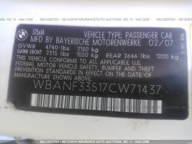 WBANF33517CW71437 - 2007 BMW 525 XI أبيض صورة 9