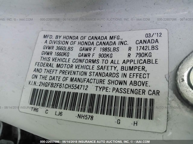 2HGFB2F61CH554712 - 2012 HONDA CIVIC HF WHITE photo 9