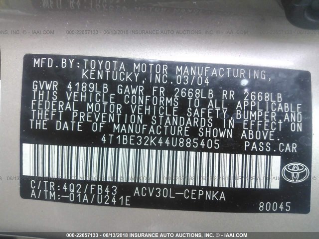 4T1BE32K44U885405 - 2004 TOYOTA CAMRY LE/XLE/SE ბეჟი ფოტო 9