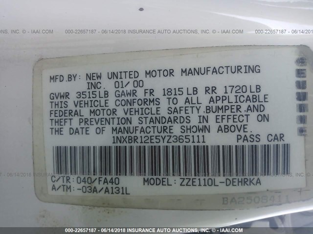 1NXBR12E5YZ365111 - 2000 TOYOTA COROLLA VE/CE/LE 白色 照片 9