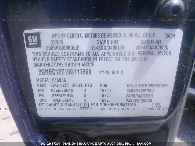 3GNEC12Z15G117868 - 2005 CHEVROLET AVALANCHE C1500 BLUE photo 9