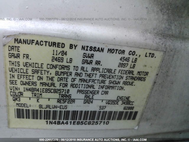 1N4BA41E85C825710 - 2005 NISSAN MAXIMA SE/SL WHITE photo 9