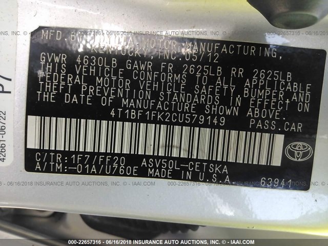 4T1BF1FK2CU579149 - 2012 TOYOTA CAMRY SE/LE/XLE 银色 照片 9