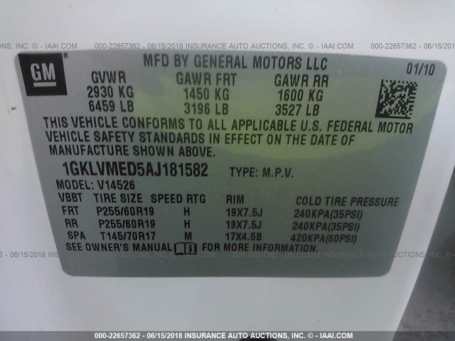 1GKLVMED5AJ181582 - 2010 GMC ACADIA SLT-1 WHITE photo 9