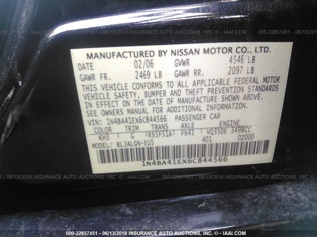 1N4BA41EX6C844566 - 2006 NISSAN MAXIMA SE/SL BLACK photo 9