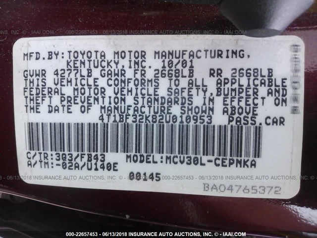 4T1BF32K82U010953 - 2002 TOYOTA CAMRY LE/XLE/SE ბურგუნდია ფოტო 9