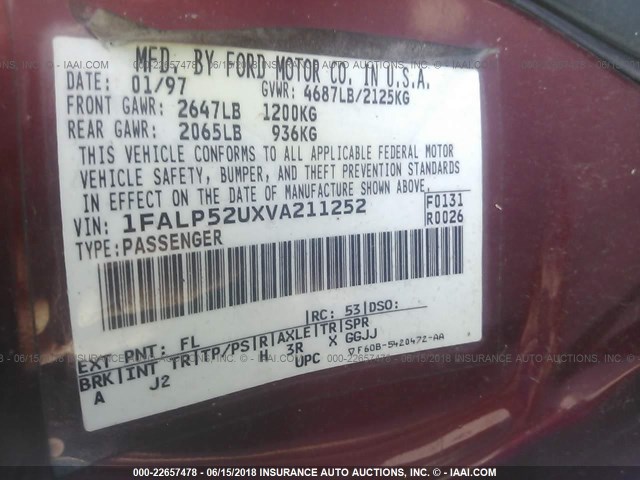 1FALP52UXVA211252 - 1997 FORD TAURUS GL RED photo 9