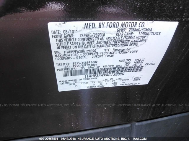 1FAHP2FWXBG128090 - 2011 FORD TAURUS LIMITED BEIGE photo 9