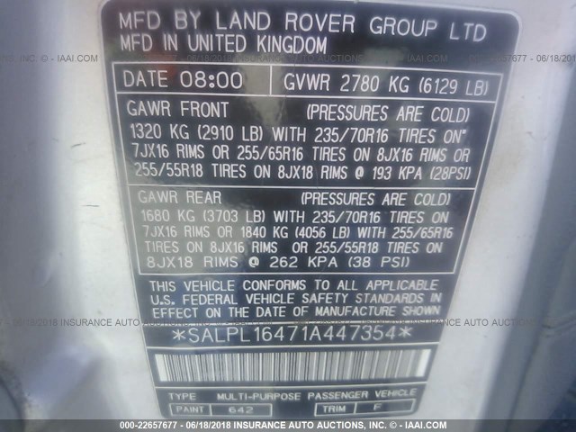 SALPL16471A447354 - 2001 LAND ROVER RANGE ROVER 4.6 SE LONG WHEELBASE SILVER photo 9