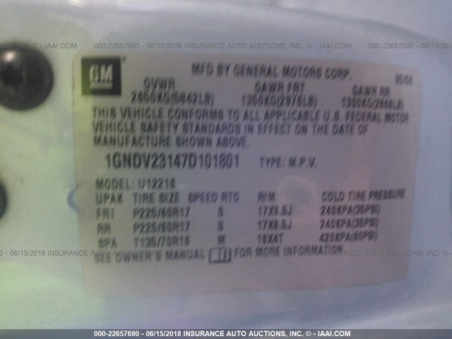 1GNDV23147D101801 - 2007 CHEVROLET UPLANDER LS BLUE photo 9