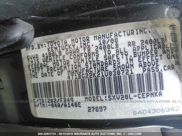 4T1BG22K21U030721 - 2001 TOYOTA CAMRY CE/LE/XLE 黑色 照片 9