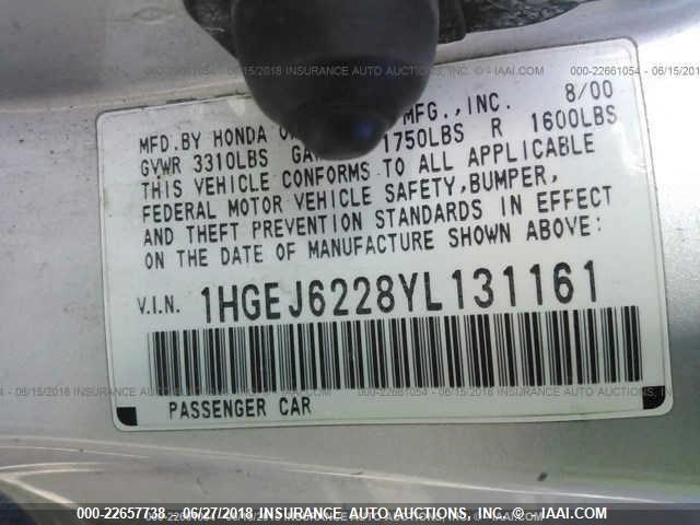 1HGEJ6228YL131161 - 2000 HONDA CIVIC DX SILVER photo 9