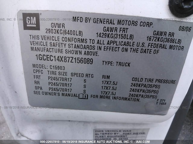 1GCEC14X87Z156089 - 2007 CHEVROLET SILVERADO C1500 CLASSIC WHITE photo 9