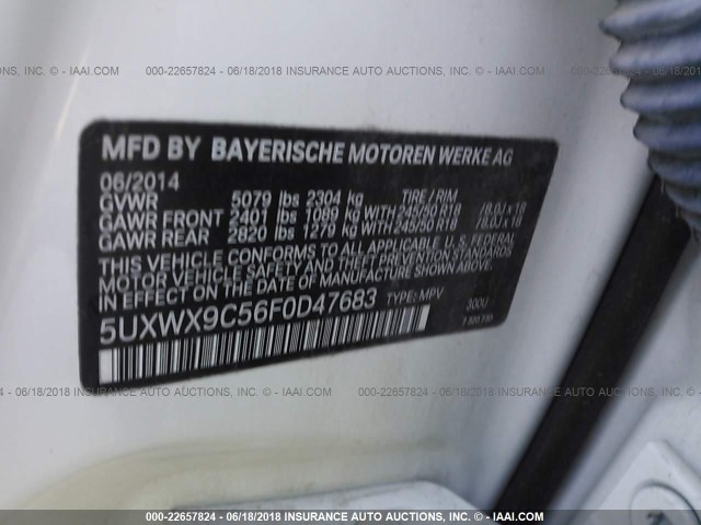 5UXWX9C56F0D47683 - 2015 BMW X3 XDRIVE28I WHITE photo 9