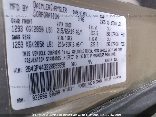 2B4GP44322R699658 - 2002 DODGE GRAND CARAVAN SPORT GOLD photo 9