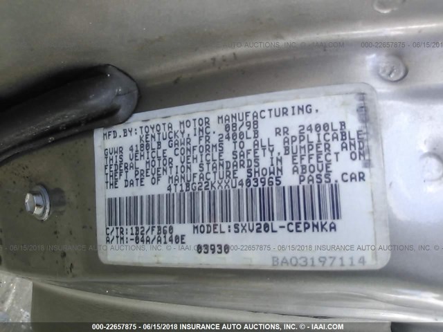 4T1BG22KXXU403965 - 1999 TOYOTA CAMRY CE/LE/XLE 棕色 照片 9