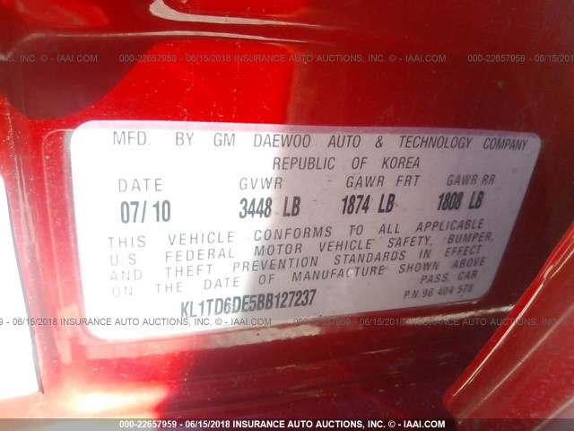 KL1TD6DE5BB127237 - 2011 CHEVROLET AVEO LS/LT RED photo 9