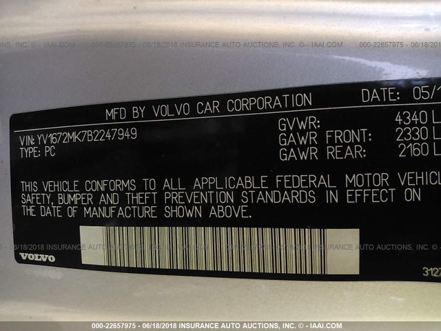 YV1672MK7B2247949 - 2011 VOLVO C30 T5 SILVER photo 9