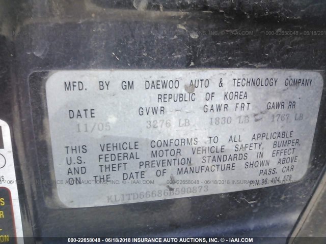 KL1TD66686B590873 - 2006 CHEVROLET AVEO LS BLACK photo 9