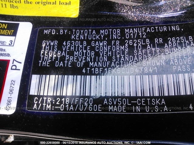 4T1BF1FK6CU047841 - 2012 TOYOTA CAMRY SE/LE/XLE 黑色 照片 9