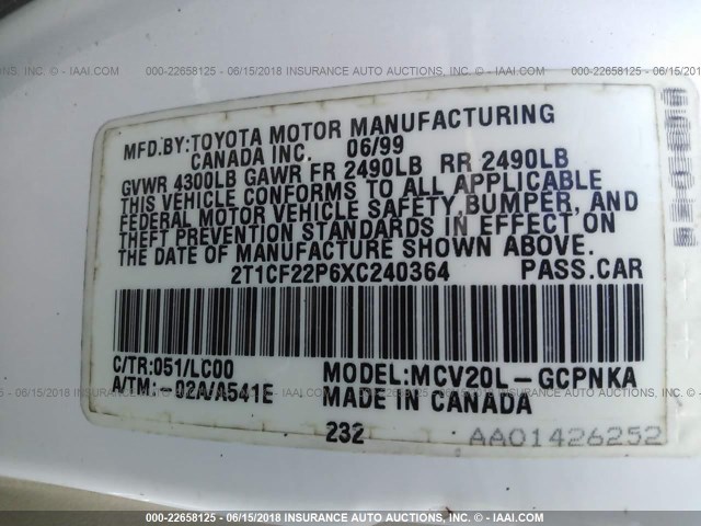 2T1CF22P6XC240364 - 1999 TOYOTA CAMRY SOLARA SE/SLE WHITE photo 9