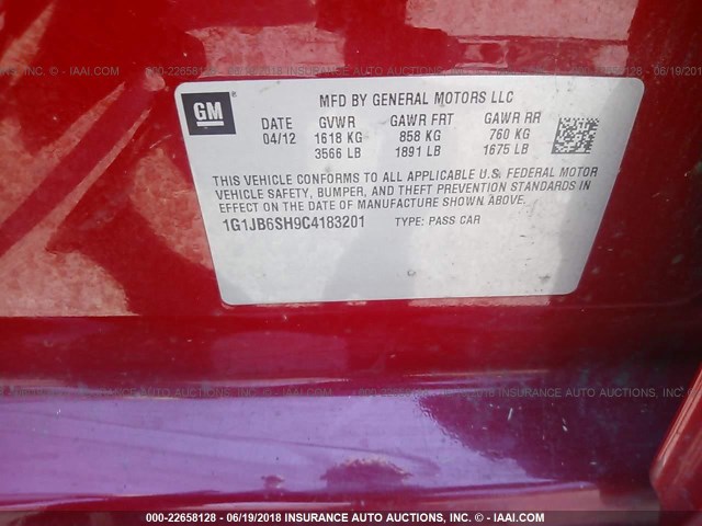 1G1JB6SH9C4183201 - 2012 CHEVROLET SONIC LS 红色 照片 9