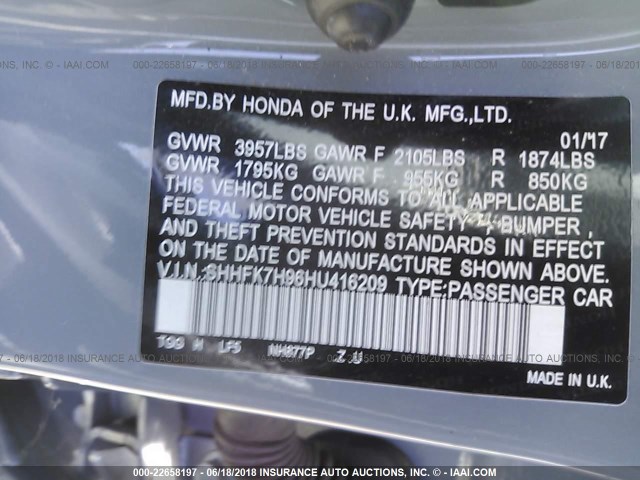 SHHFK7H96HU416209 - 2017 HONDA CIVIC SPORT TOURING GRAY photo 9