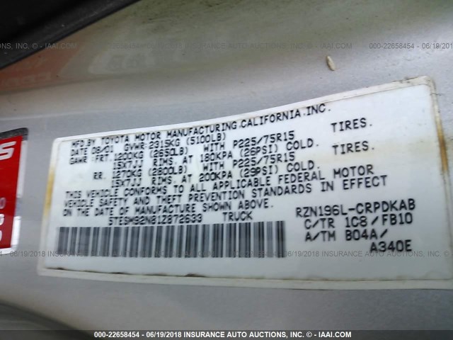 5TESM92N81Z872633 - 2001 TOYOTA TACOMA XTRACAB PRERUNNER ვერცხლისფერი ფოტო 9