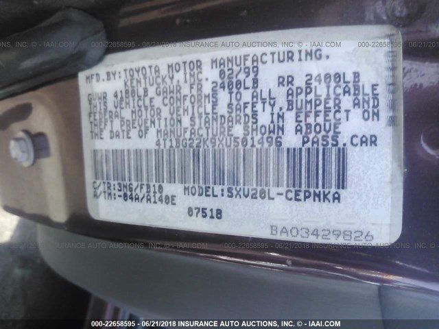 4T1BG22K9XU501496 - 1999 TOYOTA CAMRY CE/LE/XLE MAROON photo 9