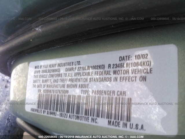 4S3BH675137625086 - 2003 SUBARU LEGACY OUTBACK AWP GREEN photo 9