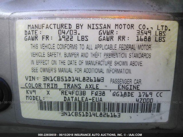 3N1CB51D14L826163 - 2004 NISSAN SENTRA 1.8/1.8S TAN photo 9