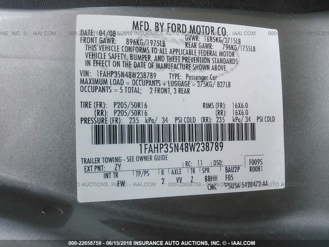 1FAHP35N48W238789 - 2008 FORD FOCUS SE/SEL/SES GRAY photo 9