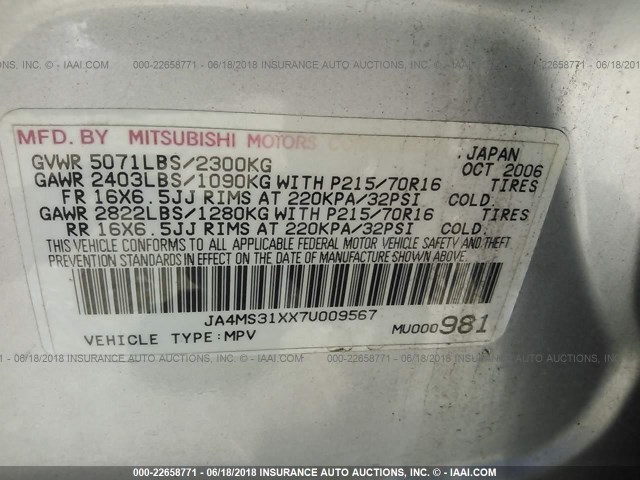 JA4MS31XX7U009567 - 2007 MITSUBISHI OUTLANDER ES/LS ვერცხლისფერი ფოტო 9