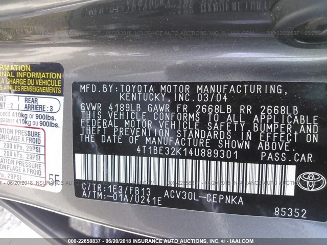 4T1BE32K14U889301 - 2004 TOYOTA CAMRY LE/XLE/SE ნაცრისფერი ფოტო 9