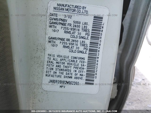 JN8DR09X82W662260 - 2002 NISSAN PATHFINDER LE/SE WHITE photo 9