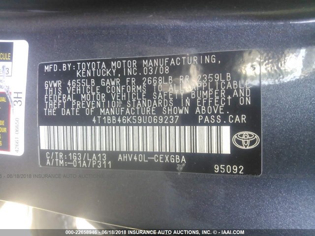 4T1BB46K59U069237 - 2009 TOYOTA CAMRY HYBRID BLACK photo 9