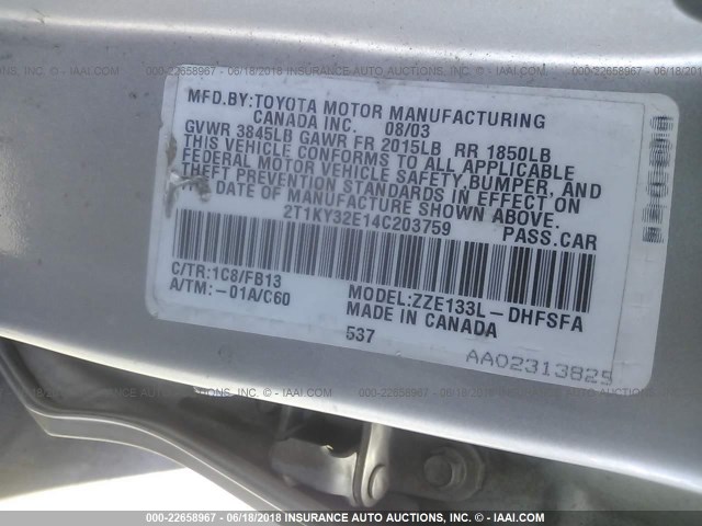 2T1KY32E14C203759 - 2004 TOYOTA COROLLA MATRIX XRS SILVER photo 9