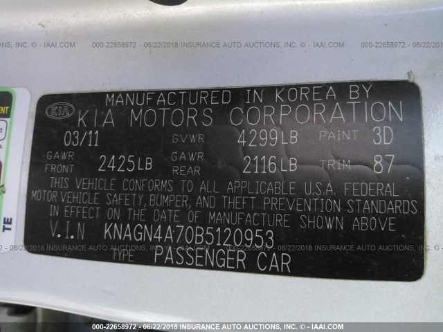 KNAGN4A70B5120953 - 2011 KIA OPTIMA EX/SX SILVER photo 9