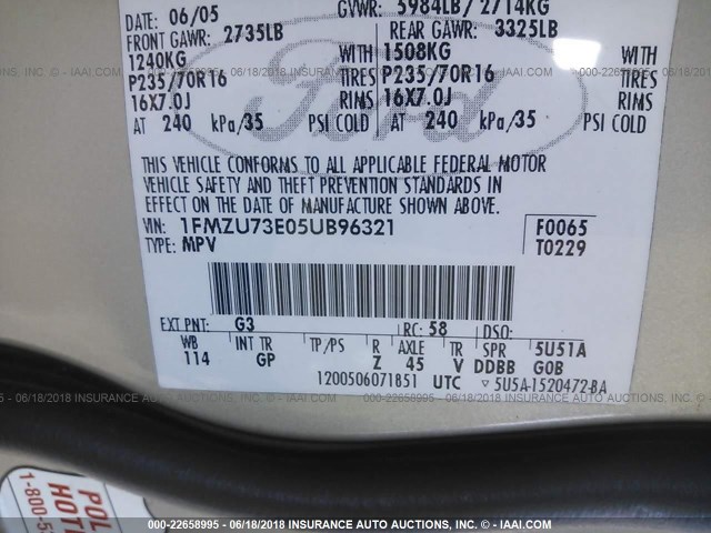 1FMZU73E05UB96321 - 2005 FORD EXPLORER XLT/XLT SPORT/NBX 金色 照片 9