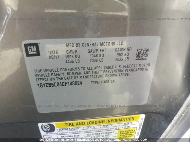 1G1ZB5E04CF148024 - 2012 CHEVROLET MALIBU LS ყავისფერი ფოტო 9