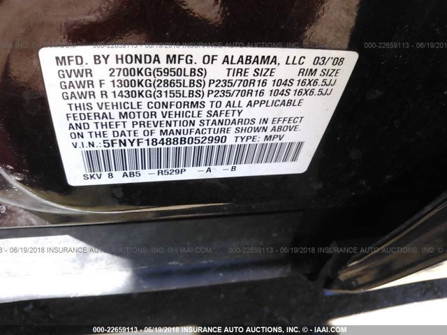 5FNYF18488B052990 - 2008 HONDA PILOT EX MAROON photo 9