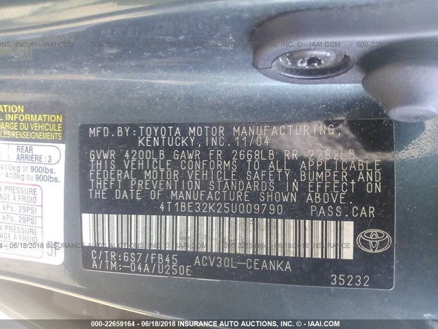 4T1BE32K25U009790 - 2005 TOYOTA CAMRY LE/XLE/SE მწვანე ფოტო 9