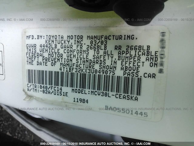 4T1BF32KX3U049075 - 2003 TOYOTA CAMRY LE/XLE/SE Ağ foto 9