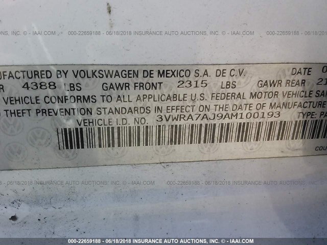 3VWRA7AJ9AM100193 - 2010 VOLKSWAGEN JETTA WOLFSBURG 白色 照片 9