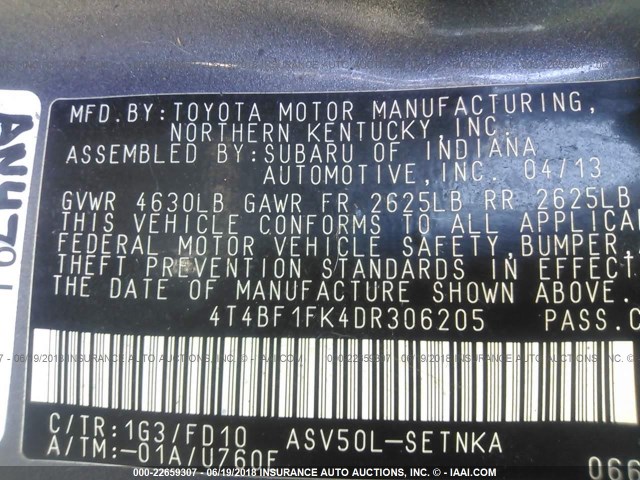 4T4BF1FK4DR306205 - 2013 TOYOTA CAMRY L/SE/LE/XLE Boz foto 9