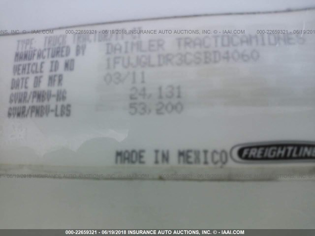 1FUJGLDR3CSBD4060 - 2012 FREIGHTLINER CASCADIA 125  WHITE photo 10