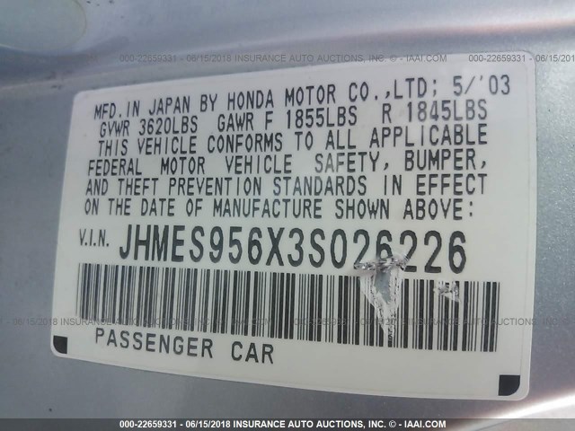 JHMES956X3S026226 - 2003 HONDA CIVIC HYBRID Light Blue photo 9